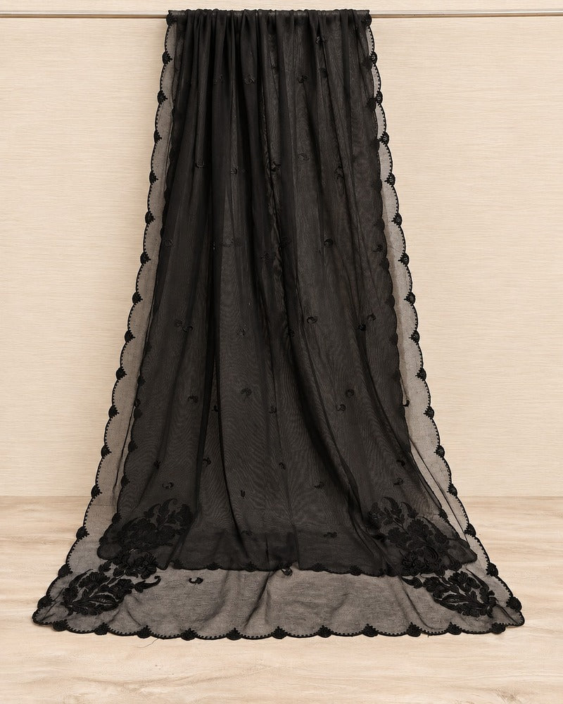 Embroided Khaadi Net Dupatta - Black - MK01