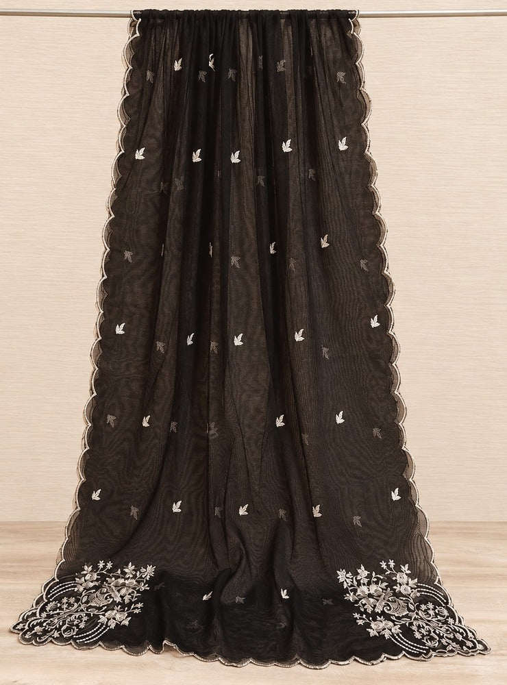 Embroided Khaadi Net Dupatta - Black - MK03
