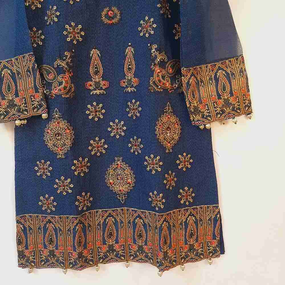 Embroided khaadi net kurti lined - Blue - ZK127