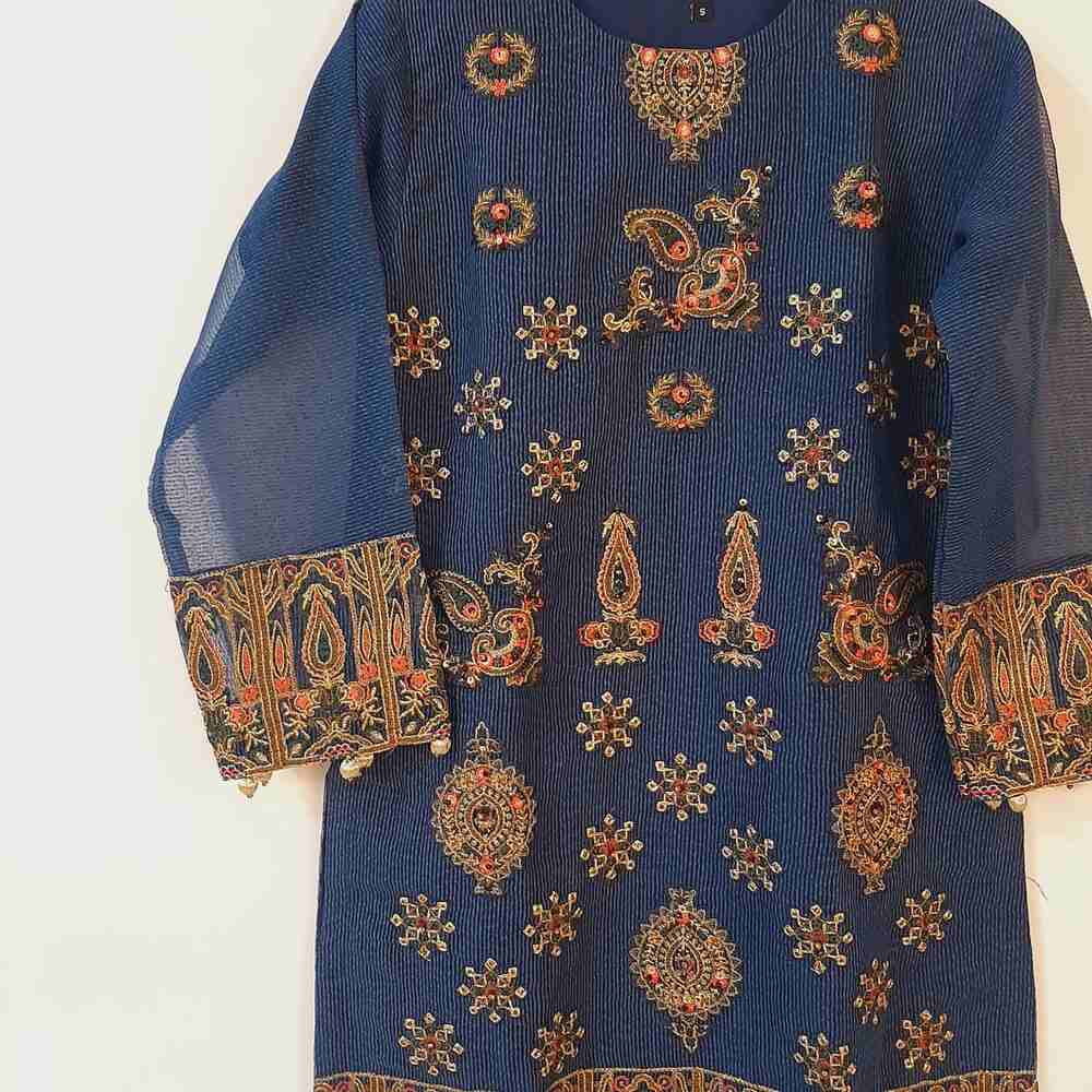 Embroided khaadi net kurti lined - Blue - ZK127