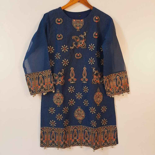 Embroided khaadi net kurti lined - Blue - ZK127