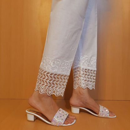 Embroided Trouser Pant  - Cotton - White - ZT474