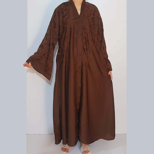 embroided maxi style nidah abaya brown