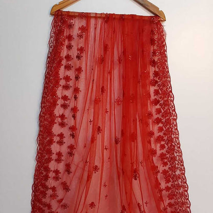 Embroided Net Dupatta - Red - ZD73