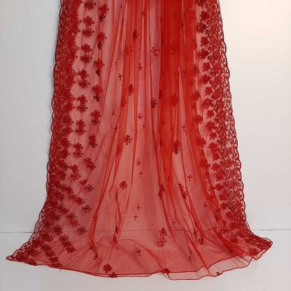 Embroided Net Dupatta - Red - ZD73