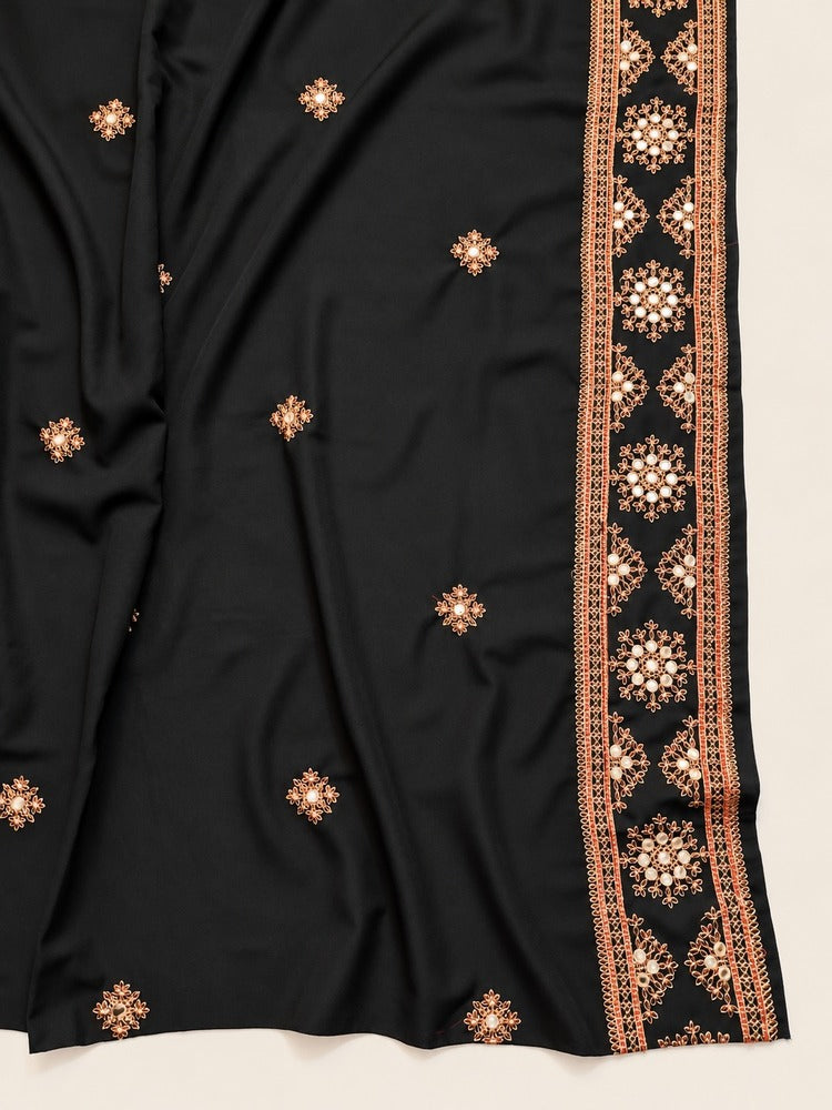 Embroidered Black Shawl on Beige Backdrop