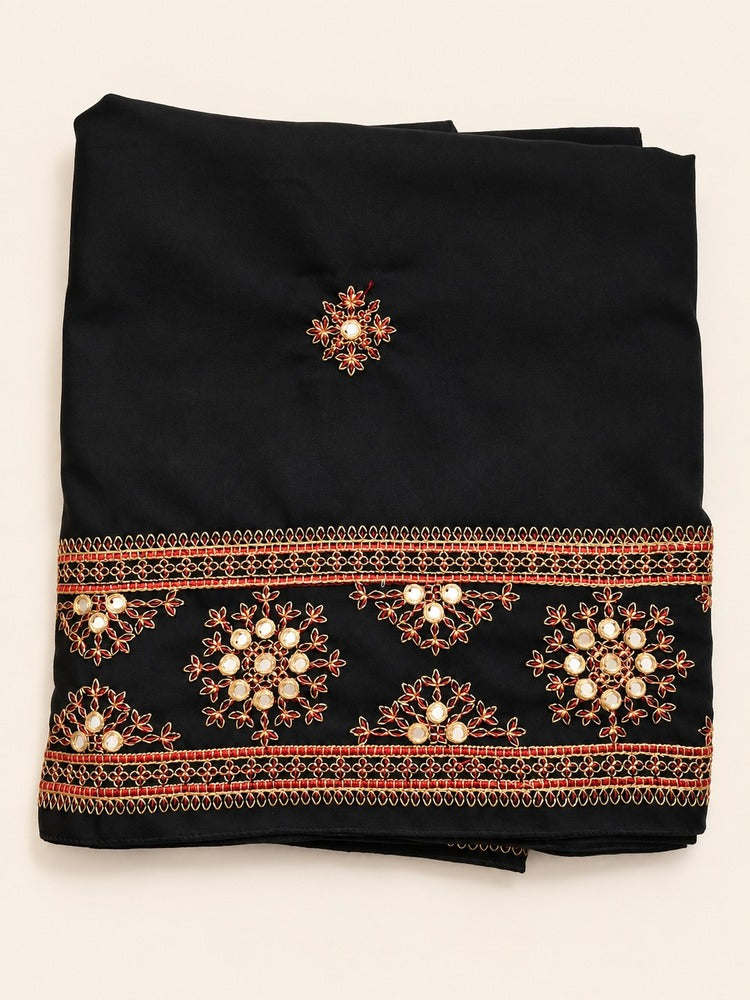 Embroidered Black Shawl on Beige Backdrop