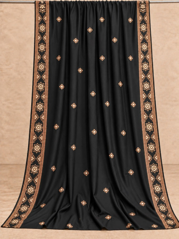 Embroidered Black Shawl on Beige Backdrop