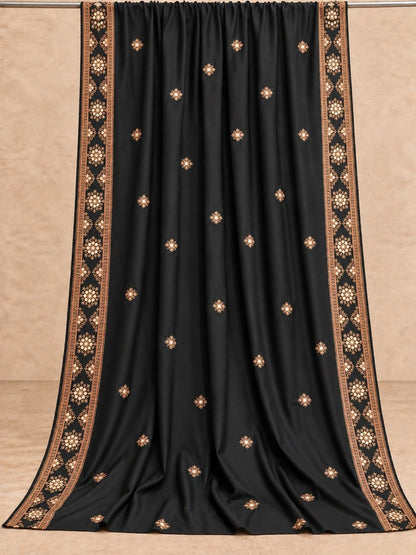 Embroidered Black Shawl on Beige Backdrop