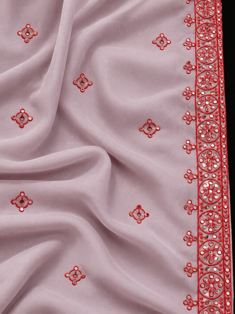 pink embroidered chadar for ladies with red mirror work