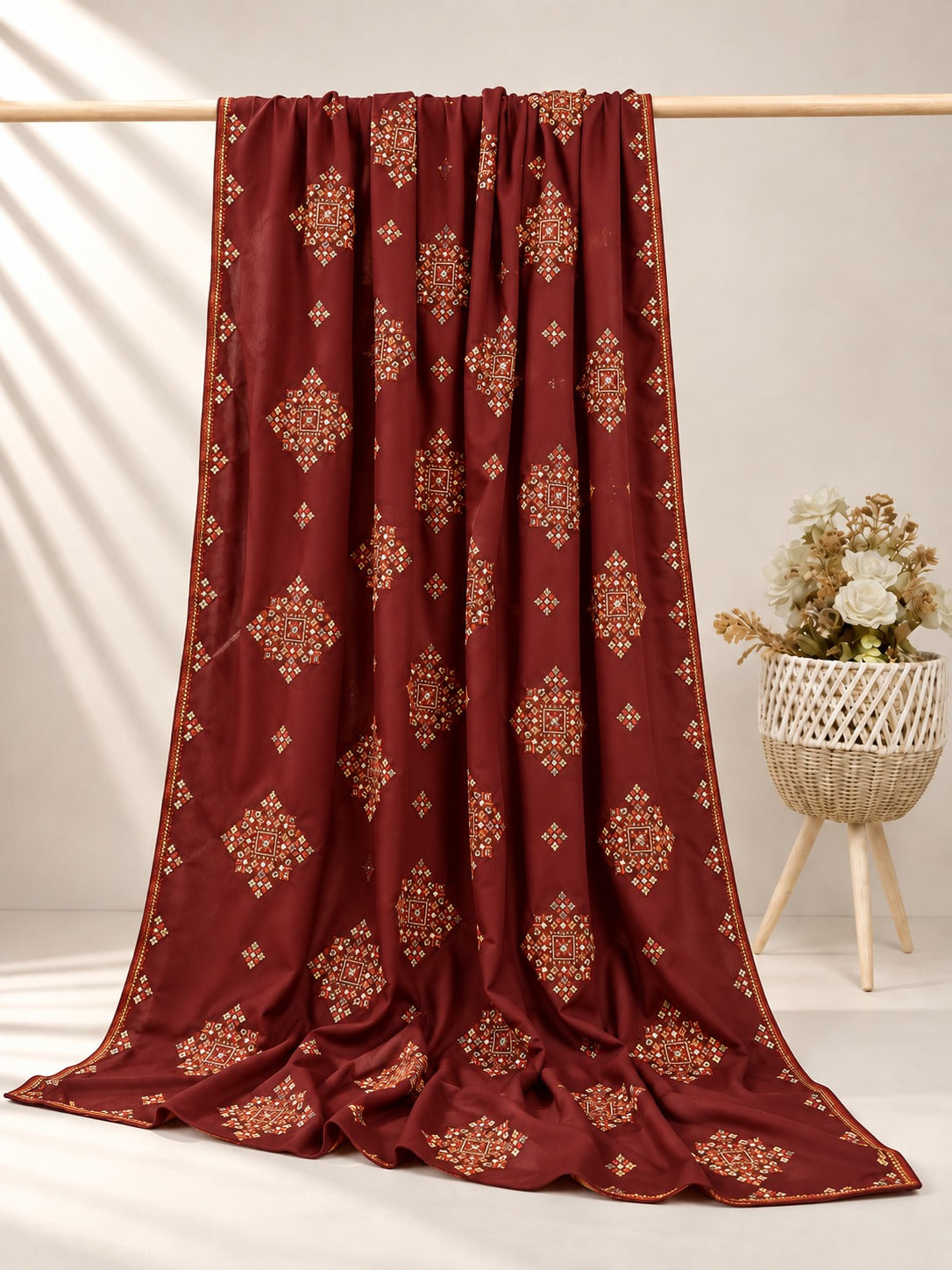 Embroidered Swiss Lawn Chaddar - Maroon - SH13