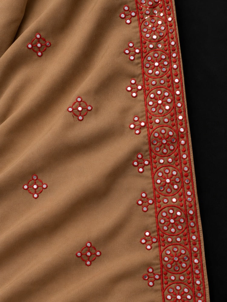 Brown embroidered chadar with red mirror work close up