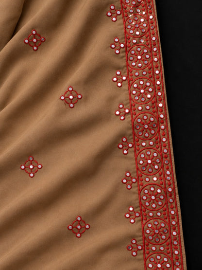 Brown embroidered chadar with red mirror work close up