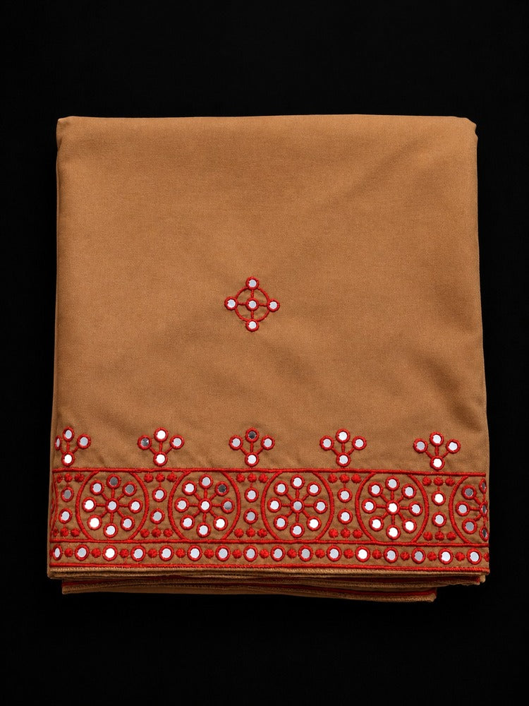 Brown embroidered chadar with red mirror work and a decorative border
