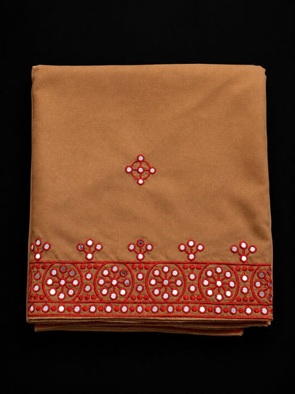 Brown embroidered chadar with red mirror work and a decorative border