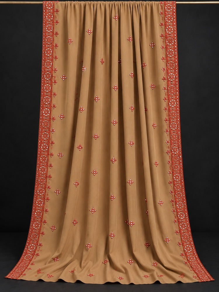 Brown embroidered chadar with red mirror work and a decorative border