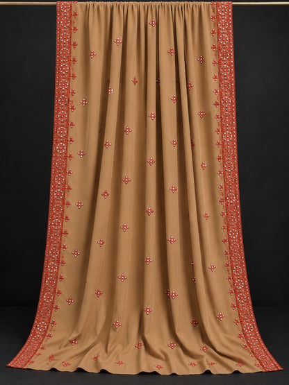 Brown embroidered chadar with red mirror work and a decorative border
