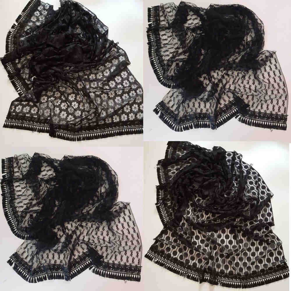 floral net dupatta with lace black