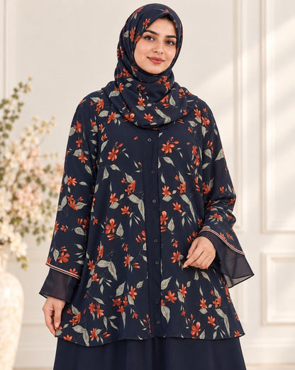 Georgette Front Open Abaya - With Scarf - Navy - BGA01