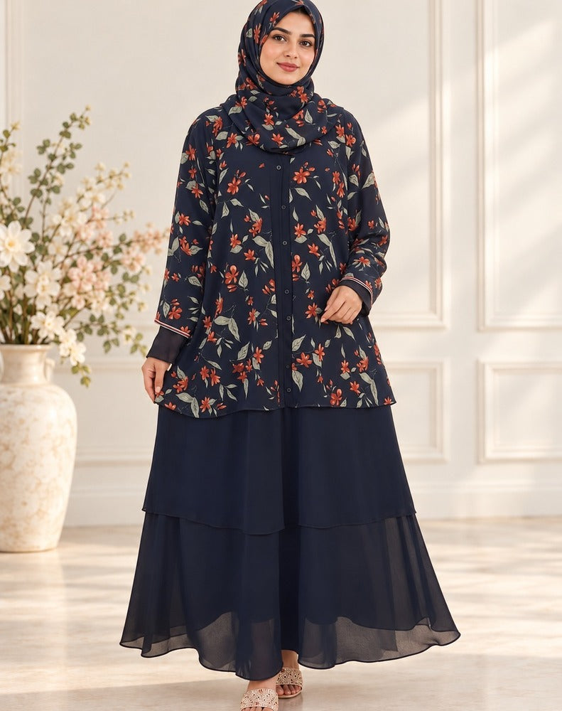 Georgette Front Open Abaya - With Scarf - Navy - BGA01