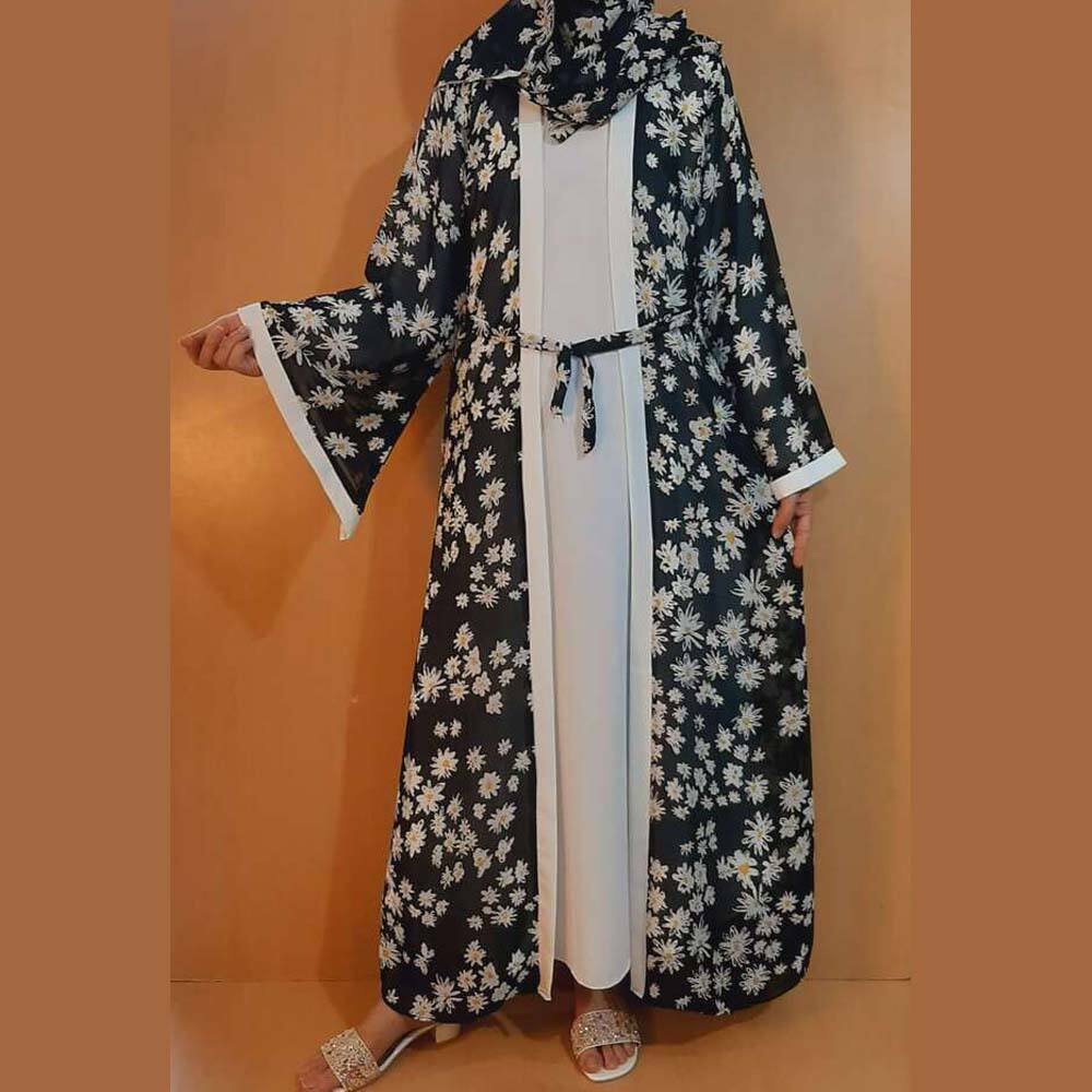 Georgette - Double Layer Abaya With Scarf - Black - BGA23
