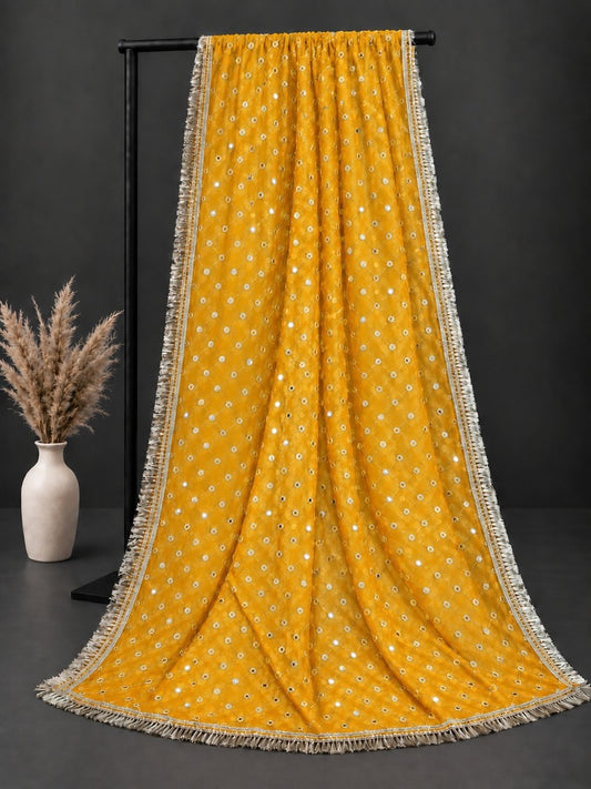 Mirror Work Net Dupatta Large - Yellow -  ZD998