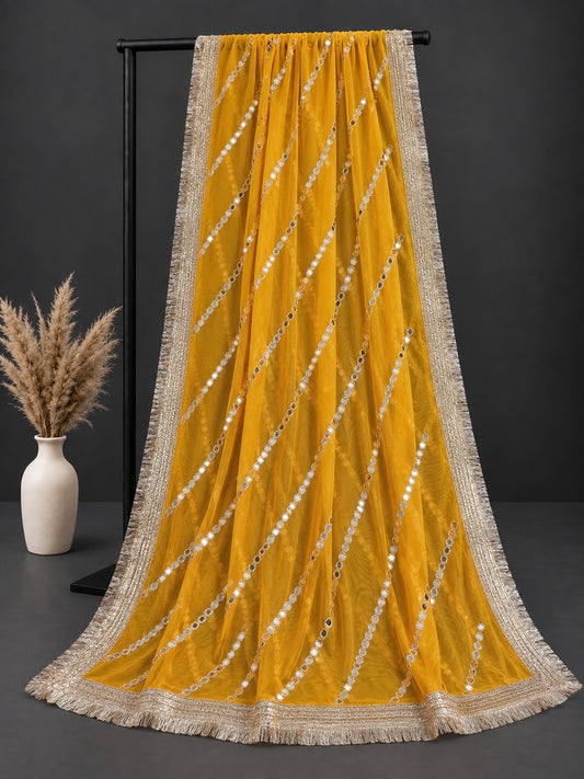 Mirror Work Net Dupatta  - Yellow -  ZD1217
