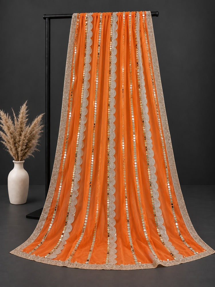 Gota Work Dupatta For Wedding Party - Net - Orange - ZD0A3