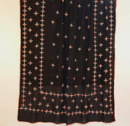 Hand Embroided Lawn Dupatta - Black - ZD233
