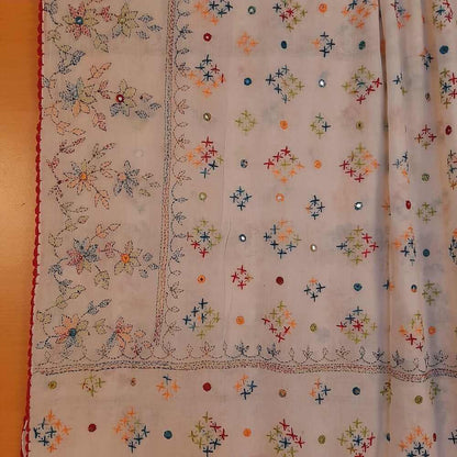 Hand Embroided Lawn Dupatta - White - ZD234