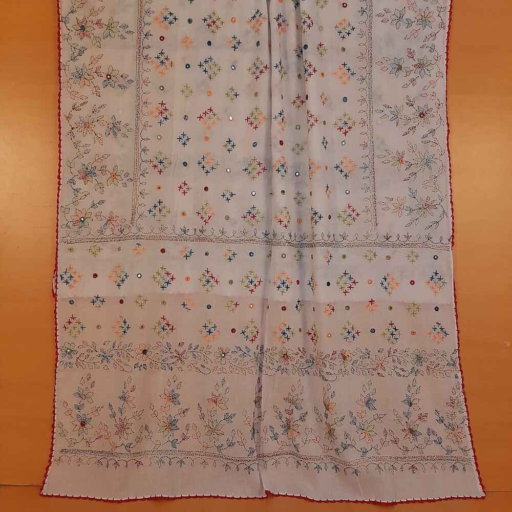 Hand Embroided Lawn Dupatta - White - ZD234