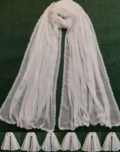 Hand Qureshia Work Chiffon Dupatta – Large – White