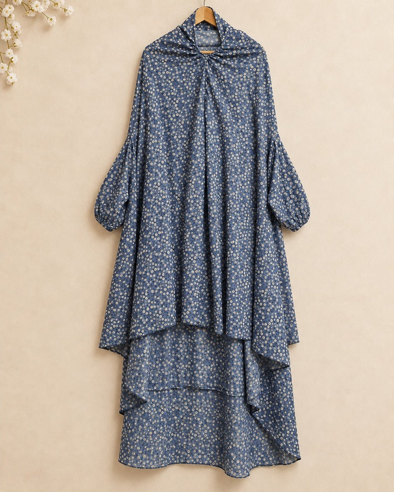 Blue floral Irani Chadar with Sleeves for women's prayer wear