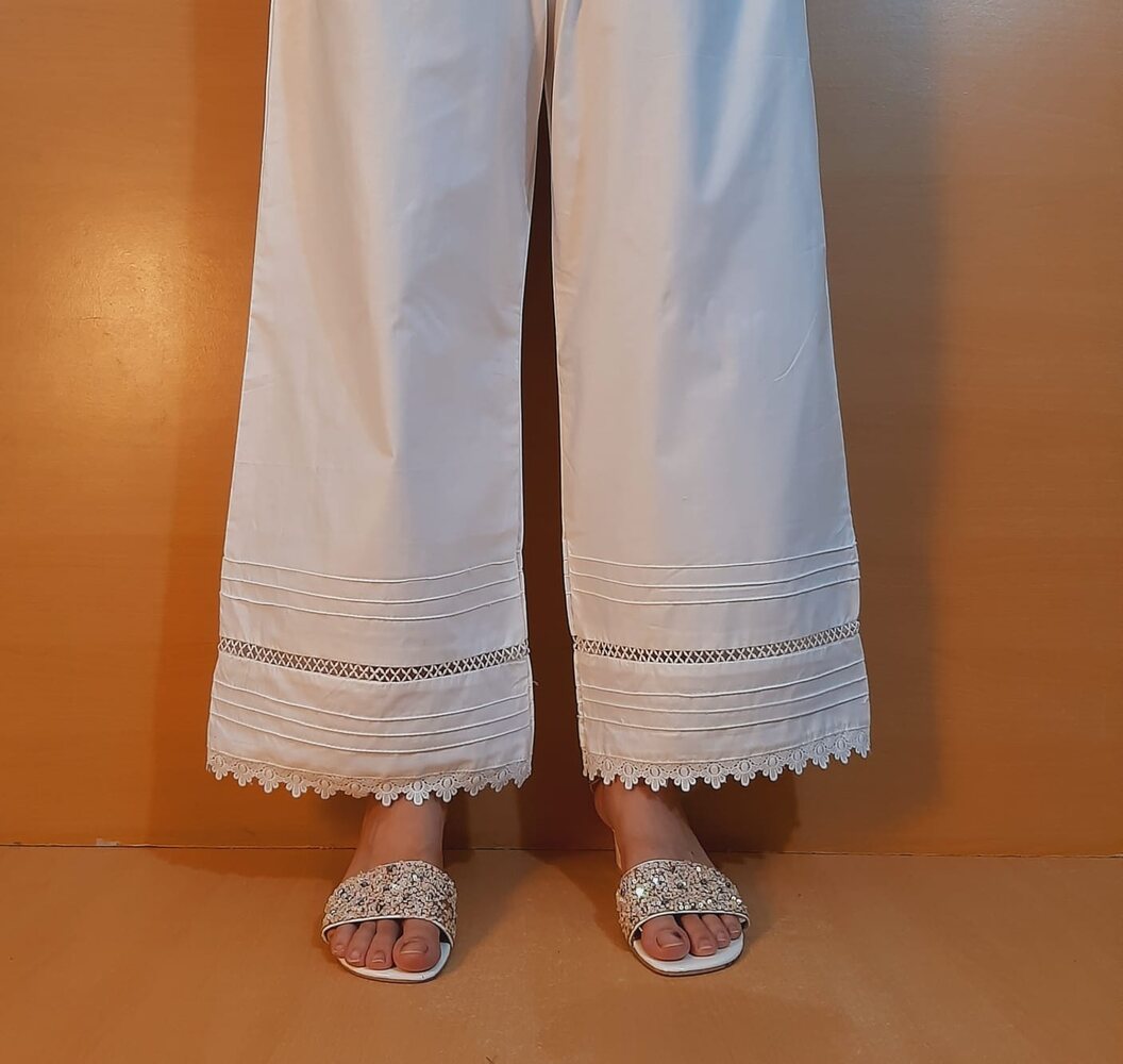 Laces Embellished Cotton Palazzo - White - PT28