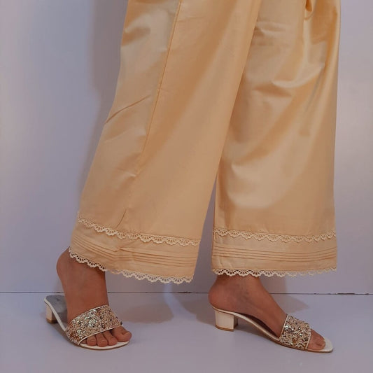 Laces Embellished Cotton Palazzo - Beige - PT38