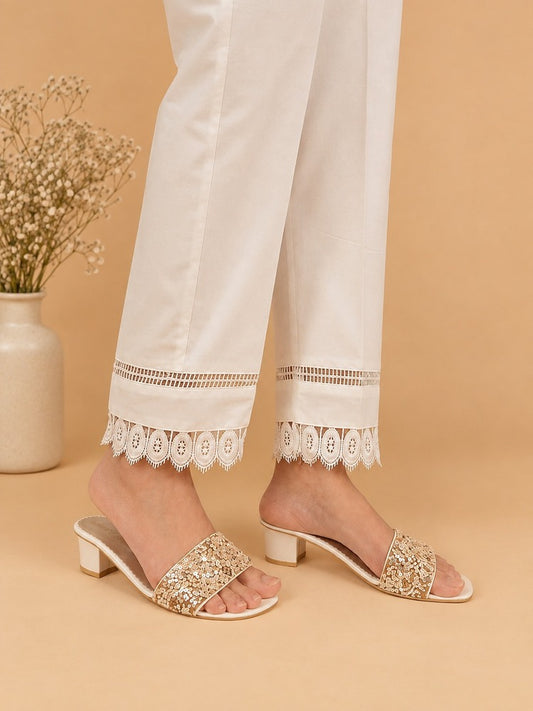 Lace Embellished Trouser Cotton - White - ZT501
