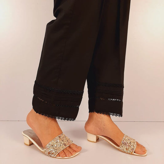 Laces embellished Soft Cotton Trouser - Black - PT08