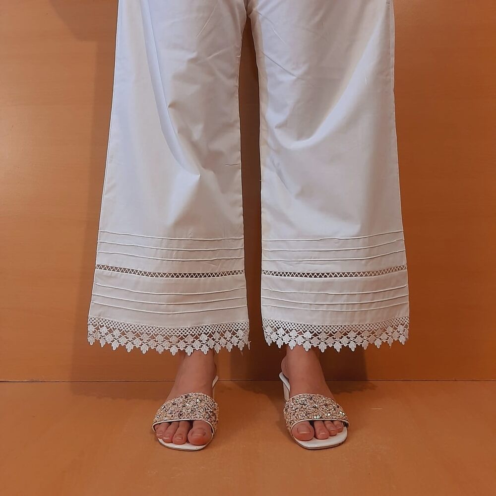 Laces embellished Soft Cotton Pallazo - White - PT05