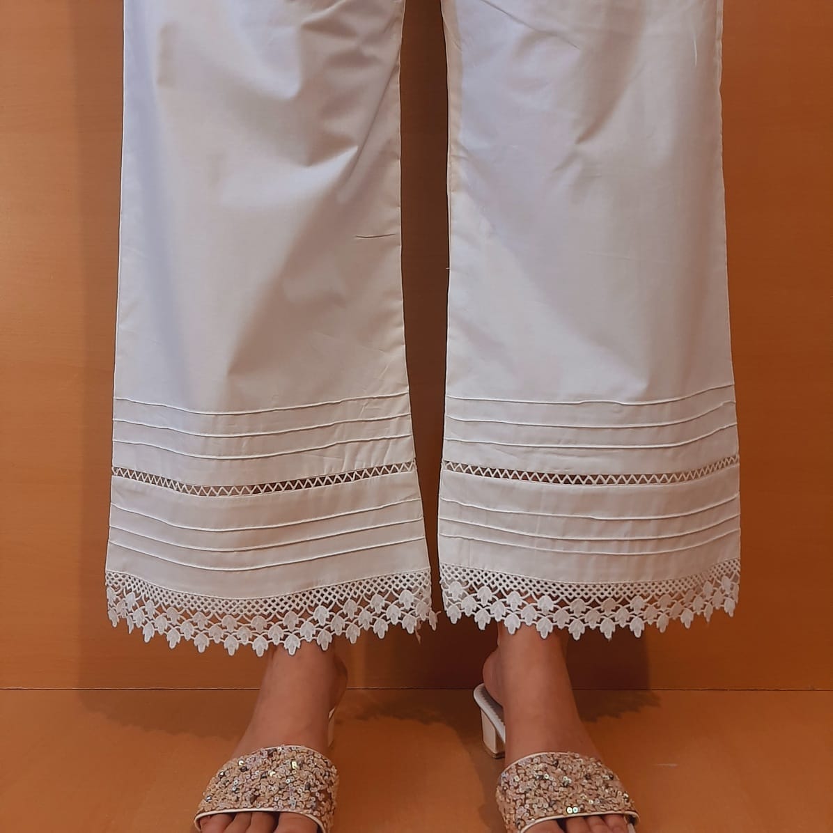 Laces embellished Soft Cotton Pallazo - White - PT05
