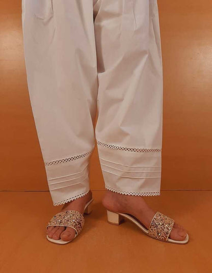 Laces Embellished Cotton Shalwar - White - ZSL26