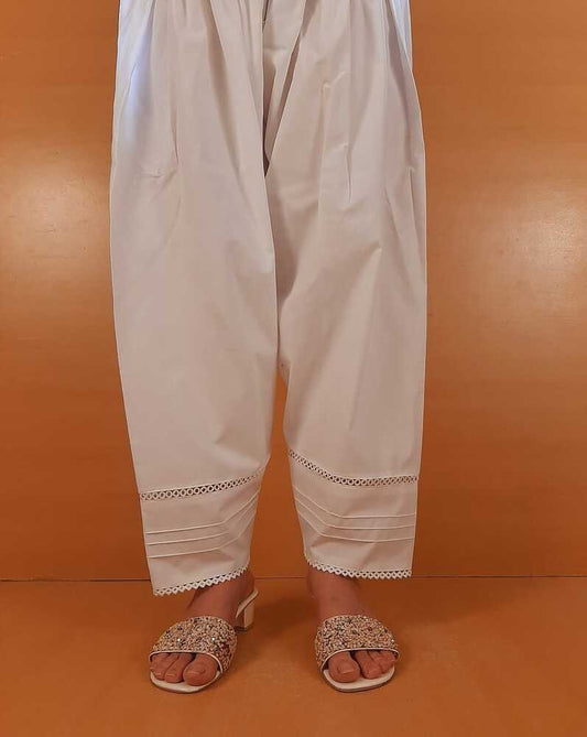 Laces Embellished Cotton Shalwar - White - ZSL26