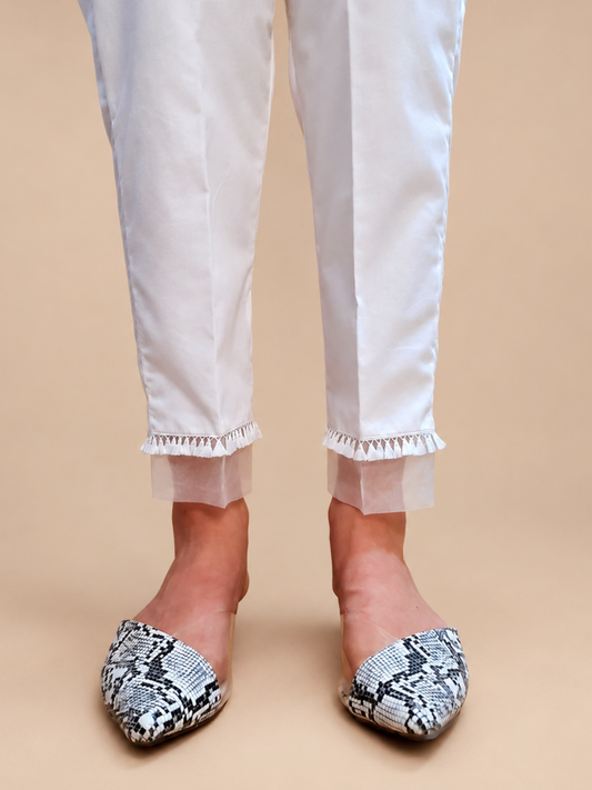 Organza Work Laced Cotton Trouser - White - BGT26