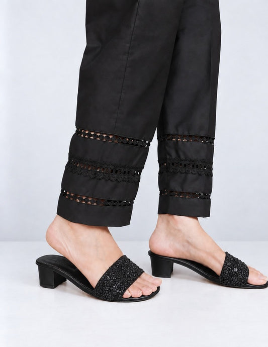 Laces Embellished Cotton Trouser - Black - ZT465