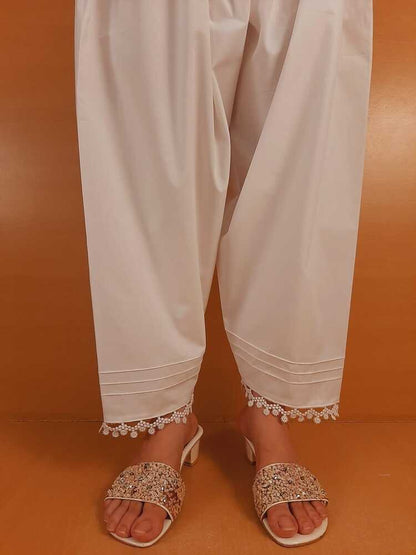 laces Embellised Cotton Shalwar - White - ZSL13