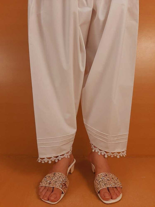 laces Embellised Cotton Shalwar - White - ZSL13