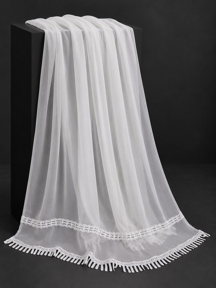 Laces Embellished Chiffon Dupatta - White - ZD596-A