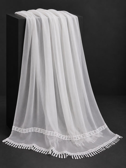 Laces Embellished Chiffon Dupatta - White - ZD596-A