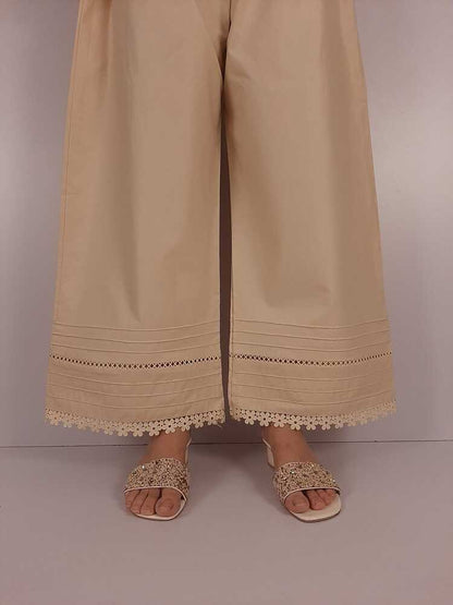 Laces Embellished Cotton Palazzo - Beige - PT22