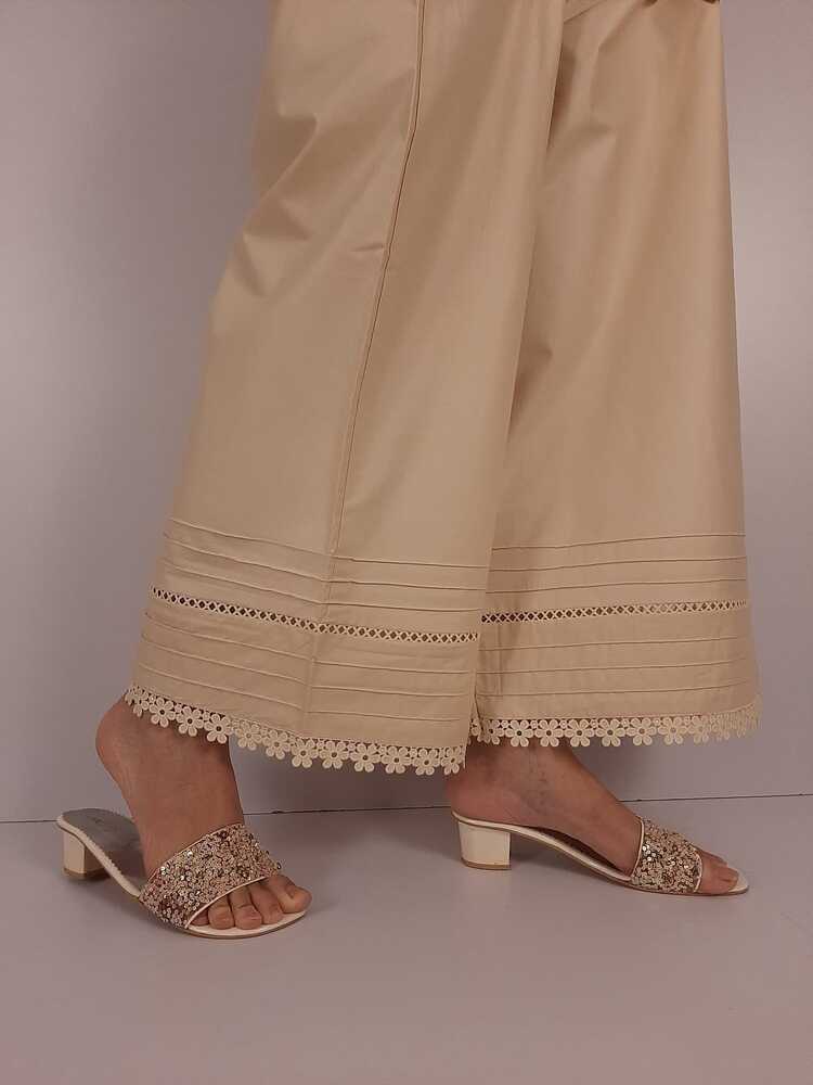 Laces Embellished Cotton Palazzo - Beige - PT22
