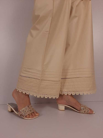 Laces Embellished Cotton Palazzo - Beige - PT22